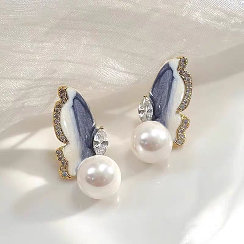 Pearl Dripping Oil Gradient Butterfly Female Fashion Earrings