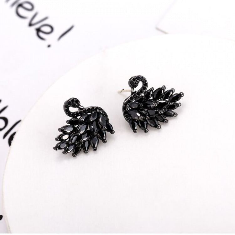 Black White Zircon Swan Female Personality Temperament Sier Needle French Stud Earrings