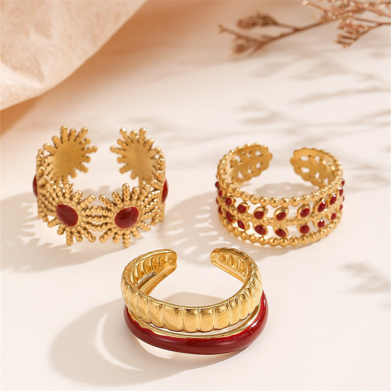 Double-line Drop Color Oil Female Design Flower Leaves Ring