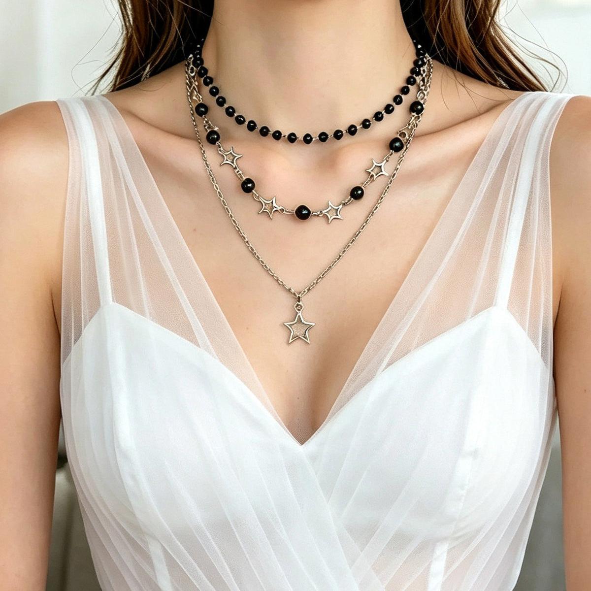 Sweet Cool Style Hollow Pentagram Twin Black Beaded High-grade Necklace