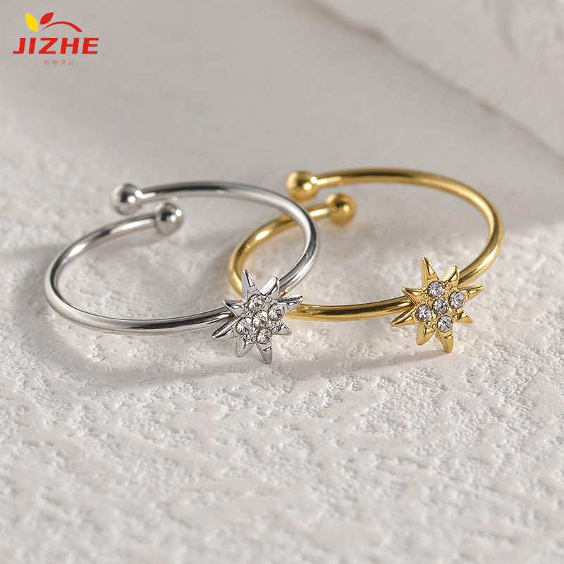 Women's Korean Style Titanium Steel Diamond Eight Awn Star Simple Ring