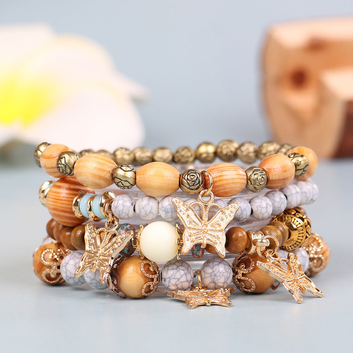 Exquisite Wooden Bead Bohemian Tassel Four Pendants