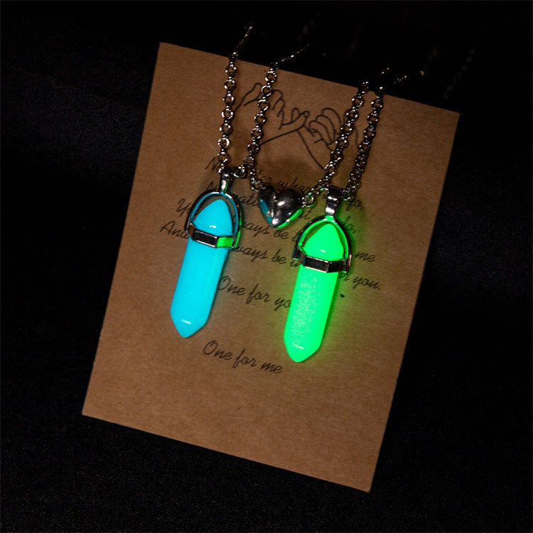 Luminous Hexagon Prism Natural Stone Heart Couple Necklaces