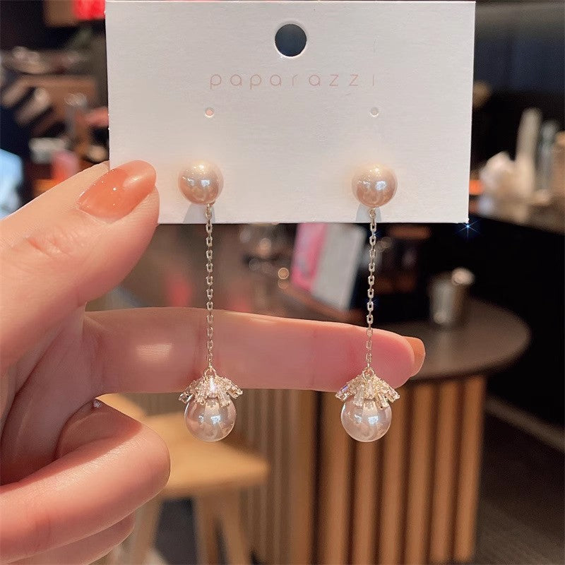 Pearl Long Sterling Sier Needle Advanced Sense Champagne Pink Small Earrings