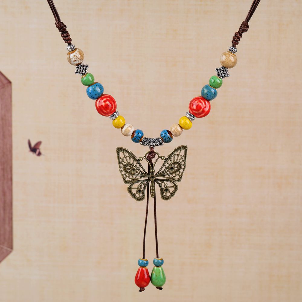Women's Retro Ethnic Style Ceramic Butterfly Bell Fashionable Necklace