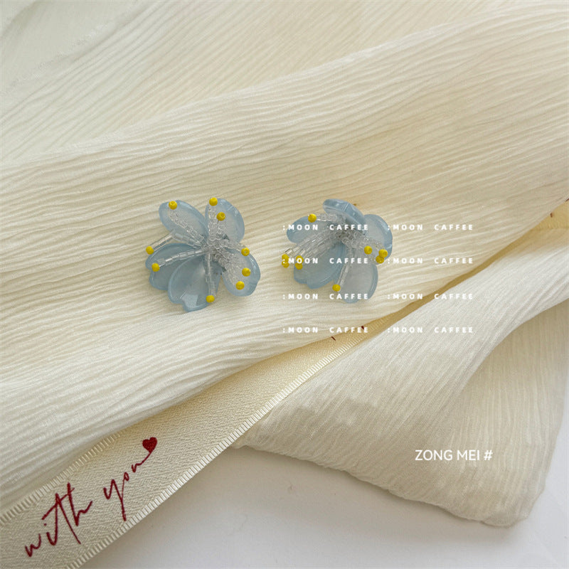Women's Summer Fresh Blue Flower For Exquisite Sweet Acrylic Beaded Refined Stud Earrings