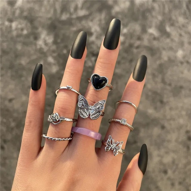 Alloy Chain Vintage Crying Face Poker Hollow Love Ring