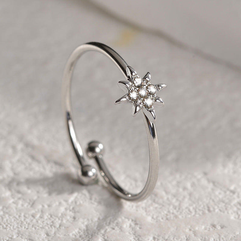 Women's Korean Style Titanium Steel Diamond Eight Awn Star Simple Ring