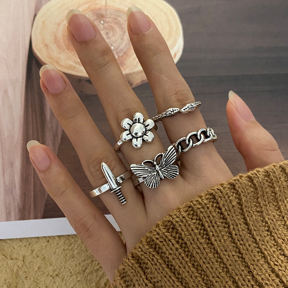 Alloy Chain Vintage Crying Face Poker Hollow Love Ring
