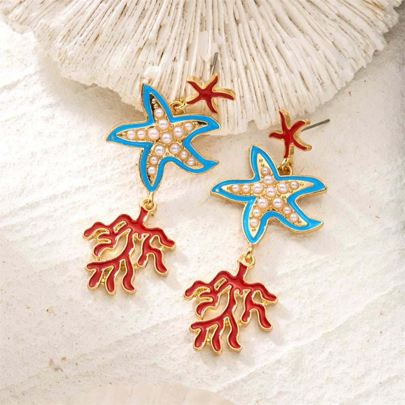 Women's Enamel Glaze Starfish Coral Diamond In The Debris Marine Shell Earrings
