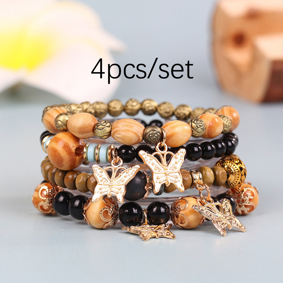 Exquisite Wooden Bead Bohemian Tassel Four Pendants