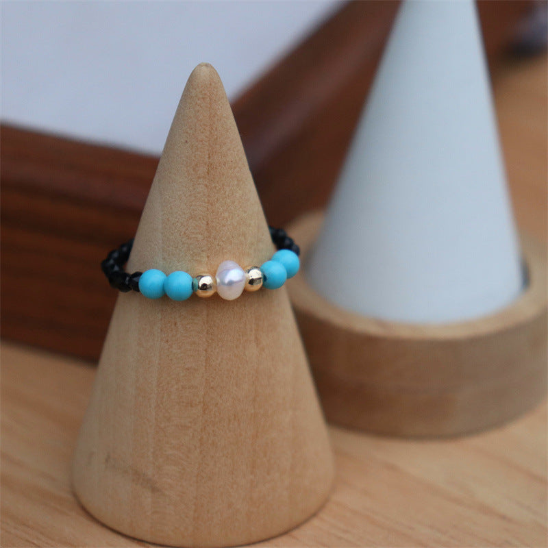 Simple Fashion White Black Pointed Crystal Stretch Freshwater Pearl Agate Rings