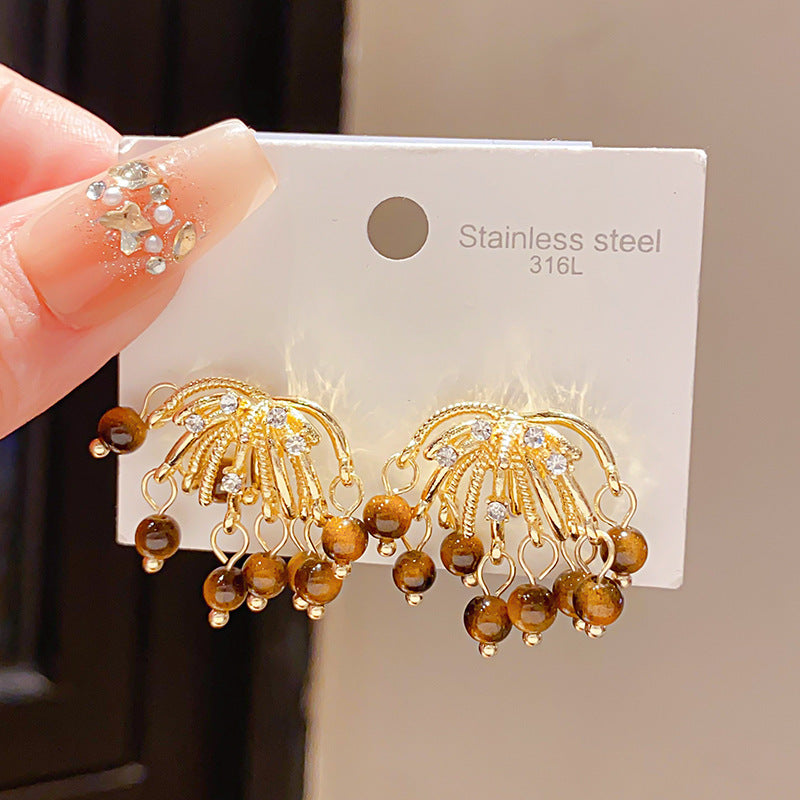 Women's Sier Needle Retro Diamonds Tigereye Fireworks Tassel Fashion Earrings