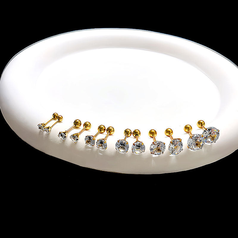 Women's & Men's Titanium Steel Threaded Rods Twisted Ball Ear Crystal Zircon Stud Earrings