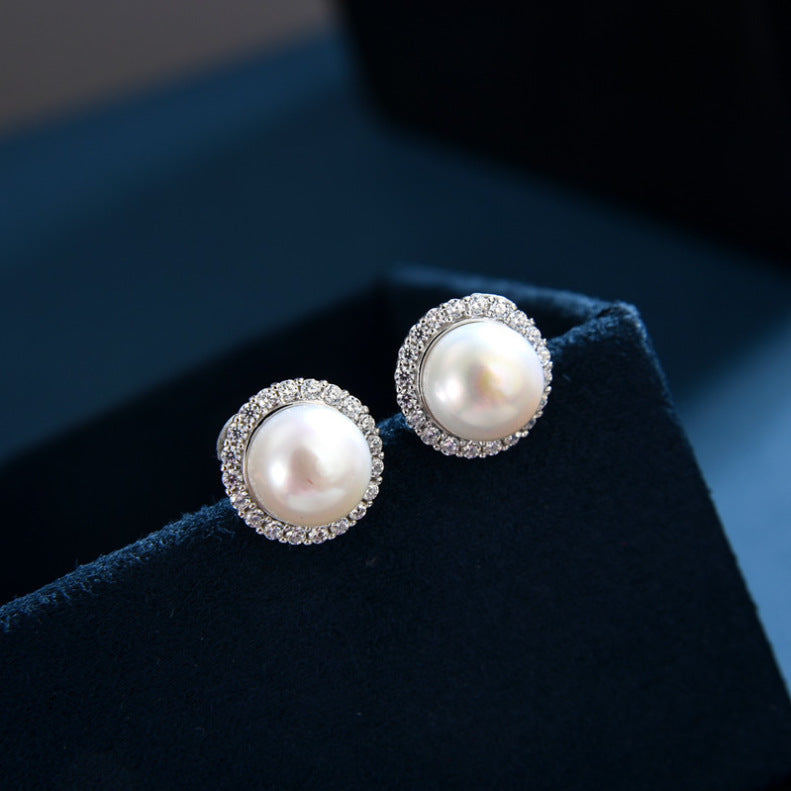 High-grade Pearl Zircon Ear Niche Design Clip Refined Simple Geometric Stud Earrings