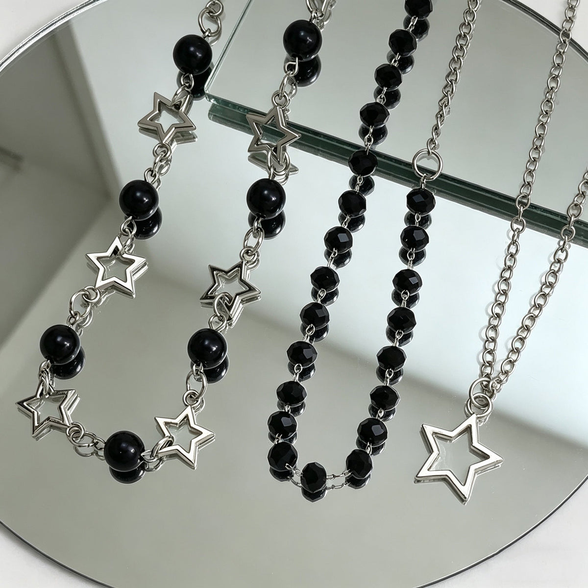 Sweet Cool Style Hollow Pentagram Twin Black Beaded High-grade Necklace
