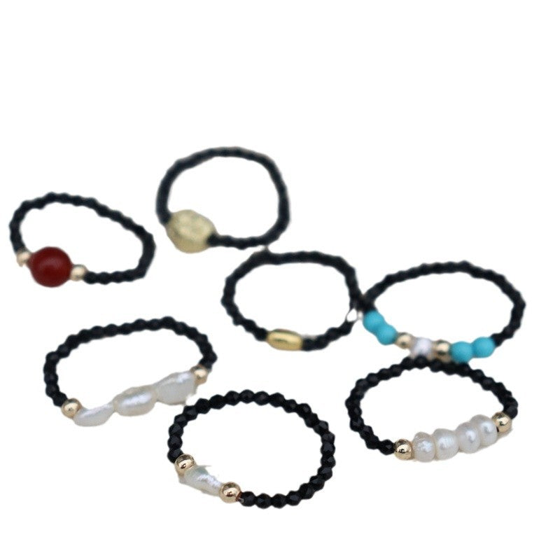 Simple Fashion White Black Pointed Crystal Stretch Freshwater Pearl Agate Rings