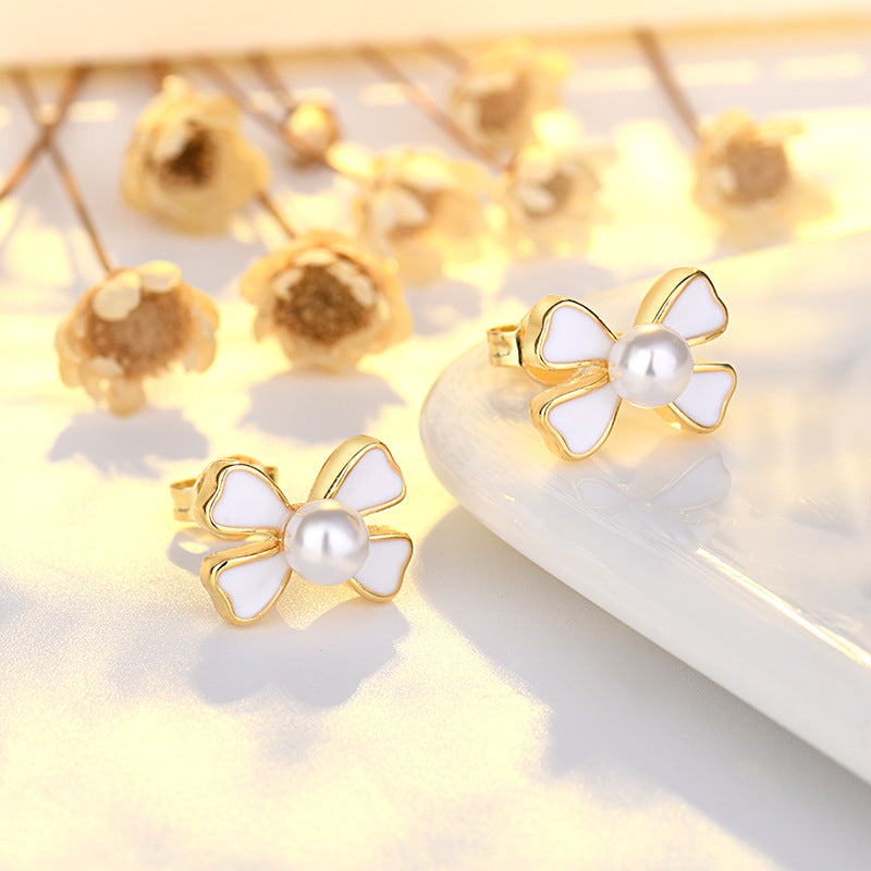 Sterling Sier Needle Heart Petite Simple Love Bow Tie Pearl Stud Earrings