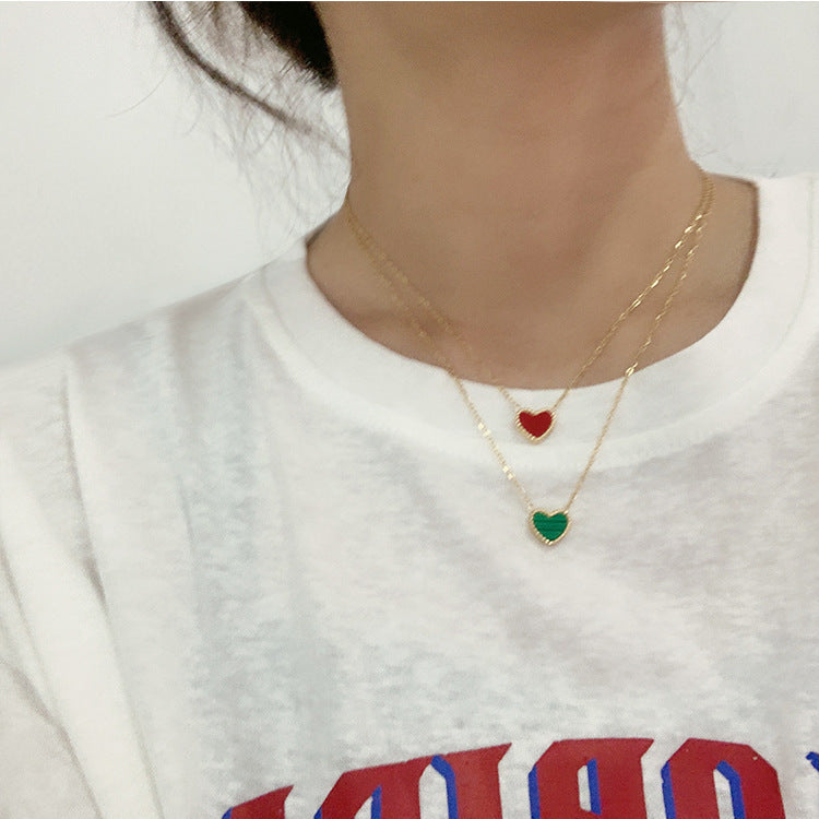 Women's Steel Double-sided Little Red Heart Shell Design Simple Green Clavicle Necklaces