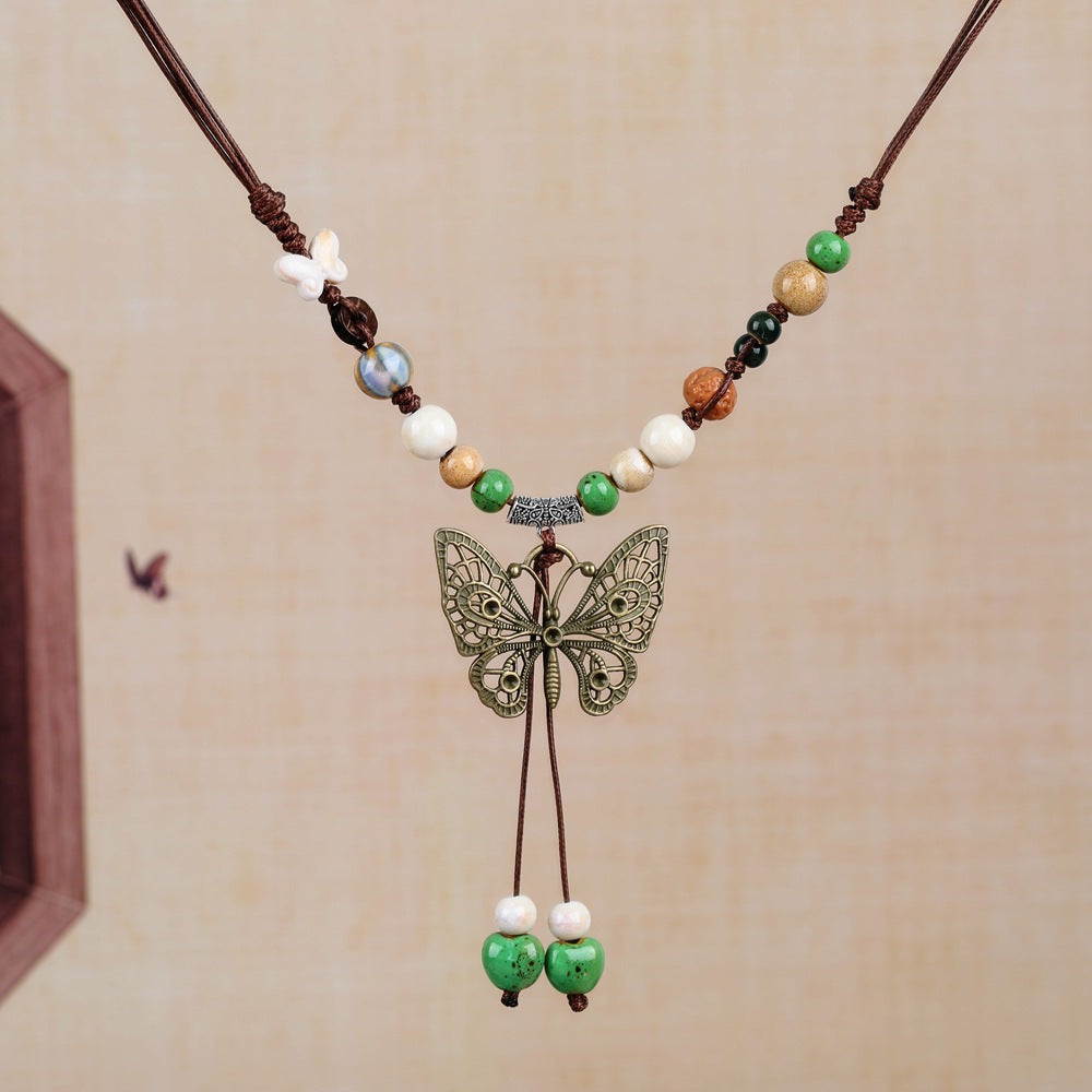 Women's Retro Ethnic Style Ceramic Butterfly Bell Fashionable Necklace