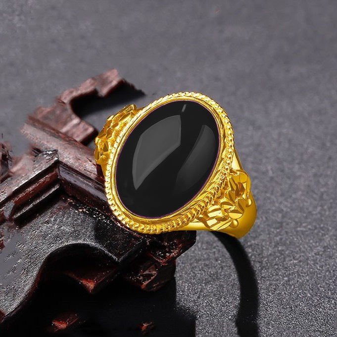 Gold Inlaid Natural Agate Jade Green Chalcedony Retro Fashion With Rings
