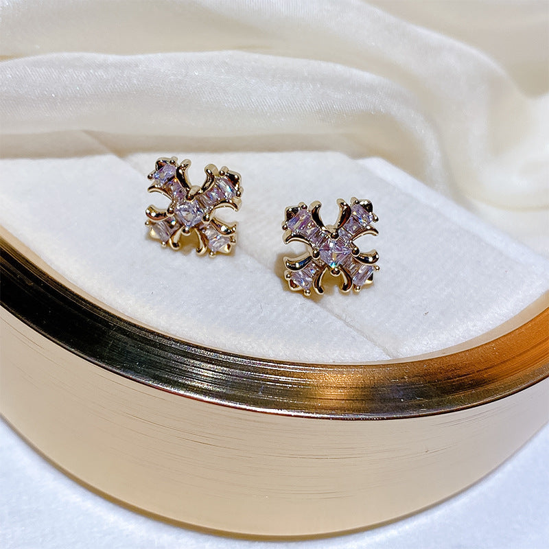 French Style Vintage Cross Zircon Female Sier Needle Unique Personality Rings