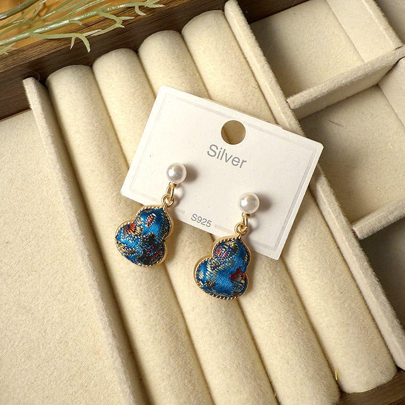 Women's Dynasty Brocade Gourd For Sier Needle Pearl Earrings
