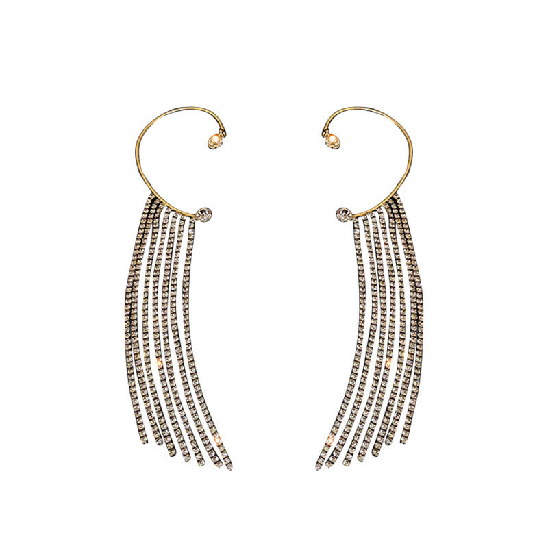 Rhinestone Tassel Long Female Personality Graceful Fashionable Non Ear Clip
