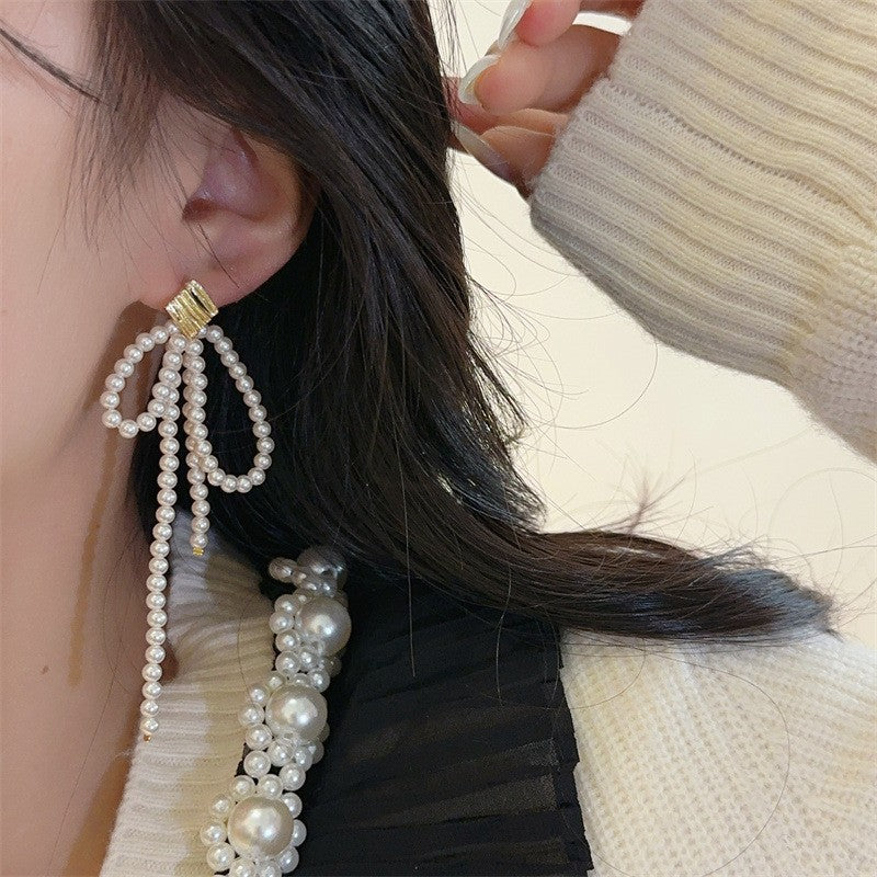 Women's Glass Pearl Grace Long Fringe Super Nice Earrings