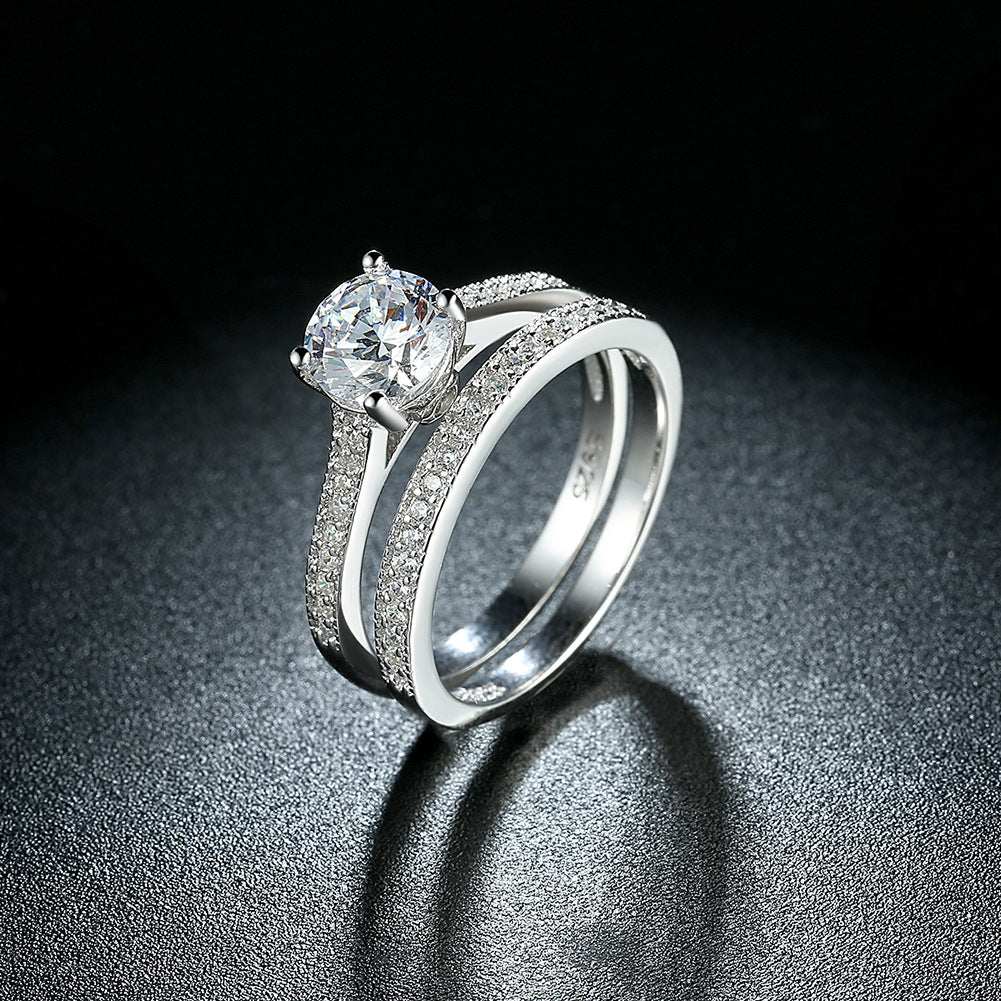 Women's Sterling Sier Personalized Straight-line Inlaid Stone Double Ring