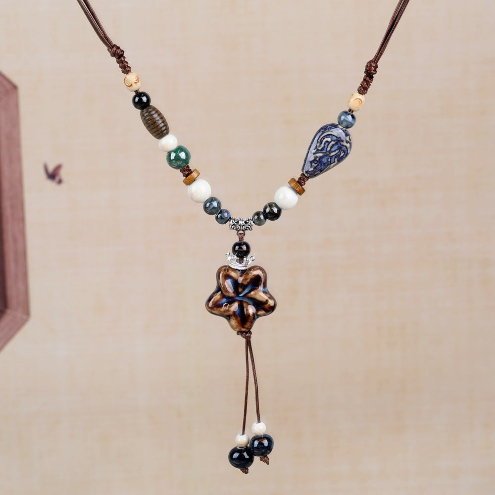 Women's Retro Ethnic Style Ceramic Butterfly Bell Fashionable Necklace