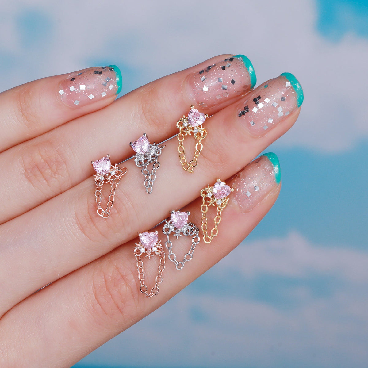 Flower Ear Pink Zircon Sweet Loving Heart Bone Inner Screw Earrings