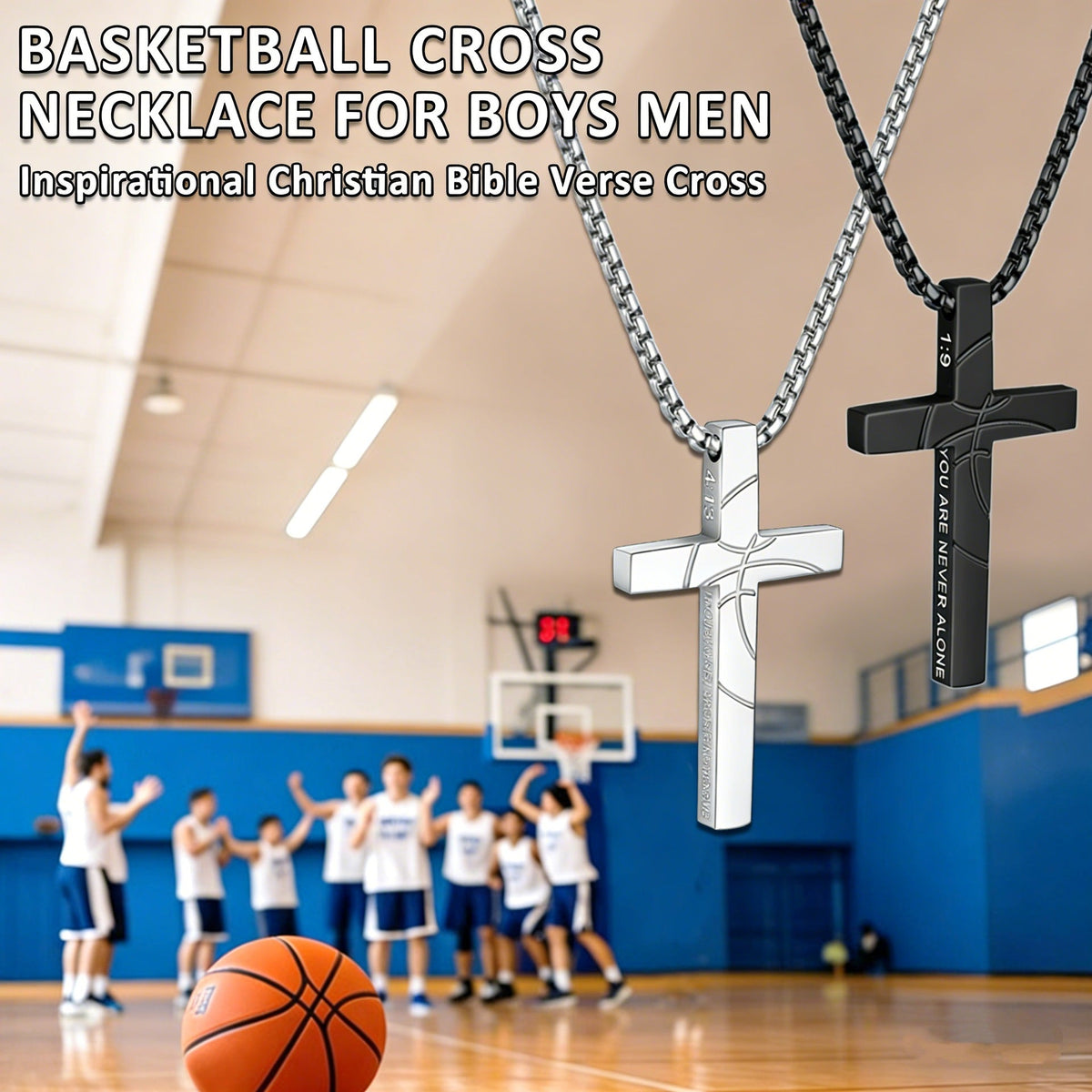 Men's Basketball Cross Double-sided Lettering Inspirational Scripture Personalized Necklace