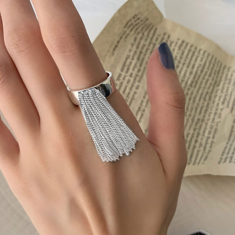 Sier Simple Tassel Long Chain Female Fashion Niche Geometric Ring
