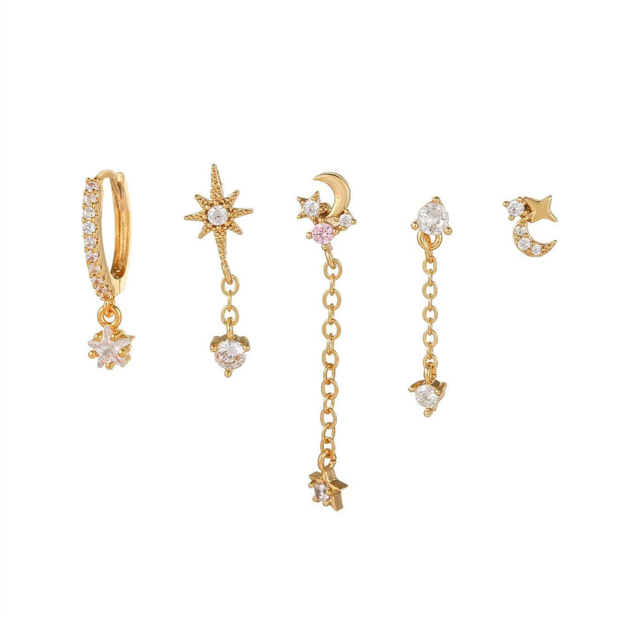 Stacking 5 Pieces Eight-Pointed Star Earrings Set, 18k Gold Plated Ear Studs & Ear Drops, Stacked Lobe Design with Dazzling Zircon Stones
