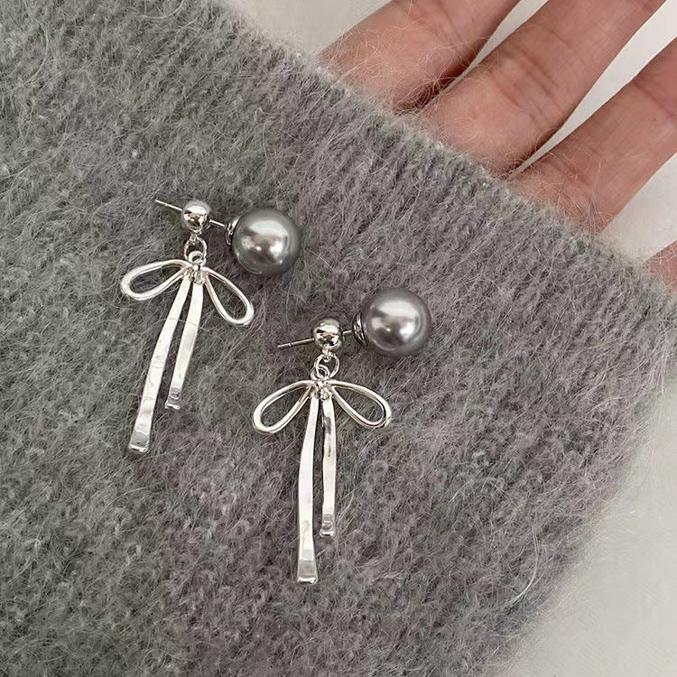 Cool Gray Pearl Bow Long Fringe Female With Hearts Stud Earrings