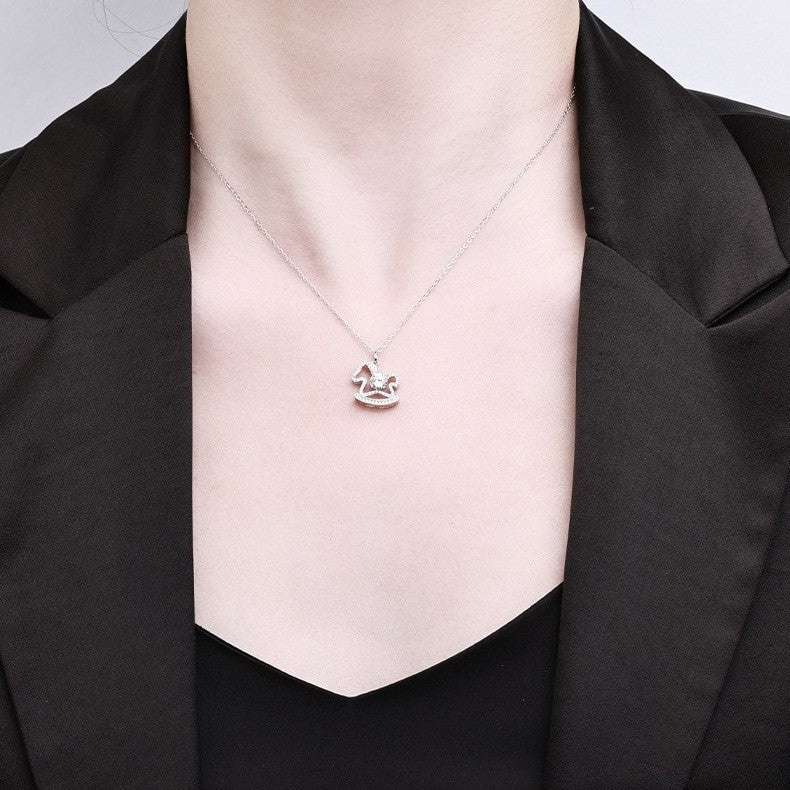 Sterling Sier Moissanite Small Wooden Horse Female Clavicle Chain High Necklaces
