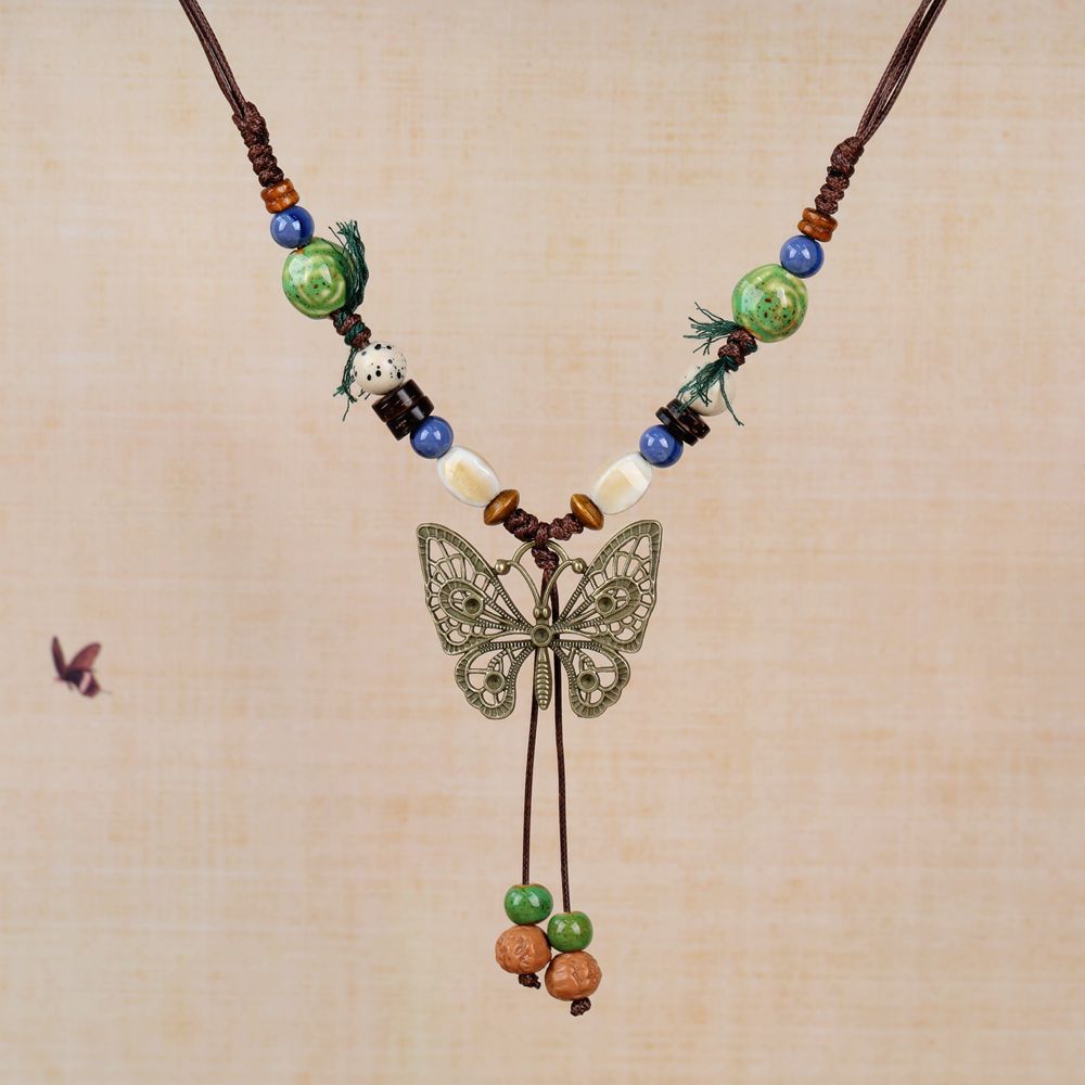 Women's Retro Ethnic Style Ceramic Butterfly Bell Fashionable Necklace