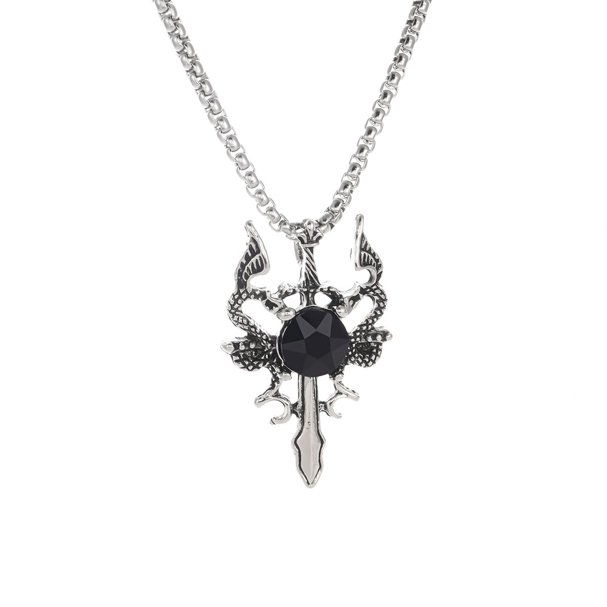Men's Inlaid Double Dragon Sword Boys Necklace