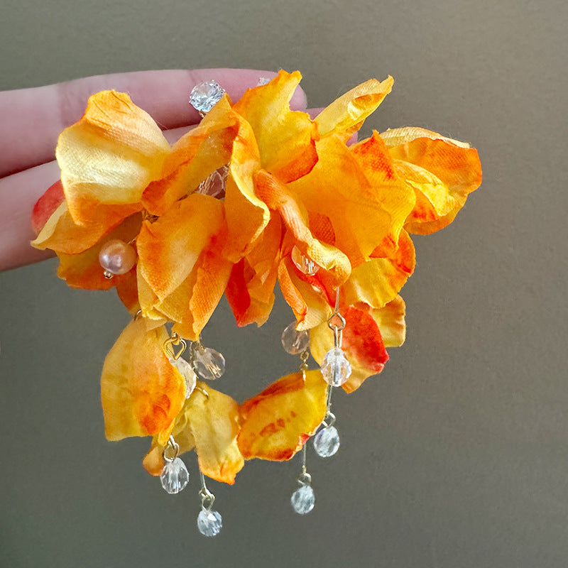 Style Western Blooming Orange Petals Beaded Fringed Zircon Earrings