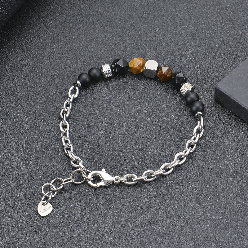 Men's Frosted Stone Cut Natural Beaded Stainless Steel Bracelet