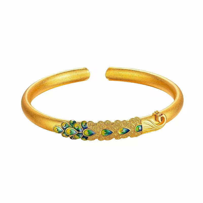 Women's Peacock Chinese Brass Gold Plated Solid Opening Bracelet