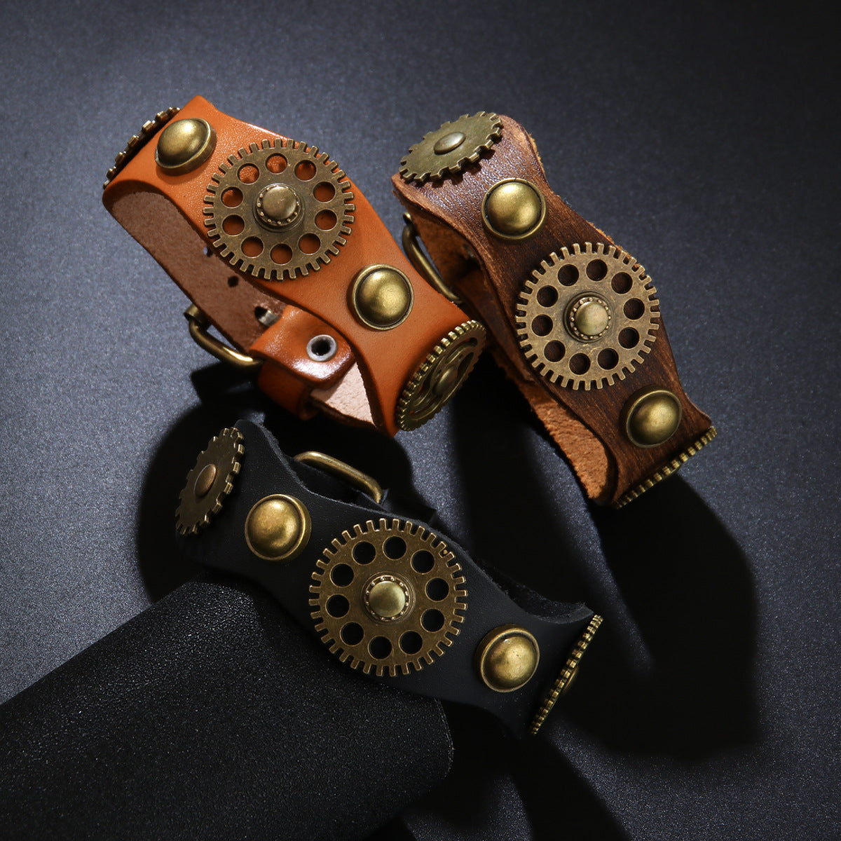 Gear Leather Vintage Distressed Rivet Wide Bracelet