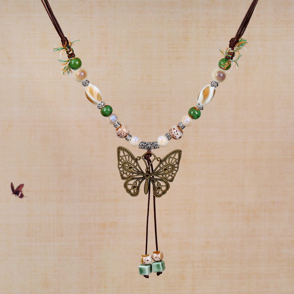 Women's Retro Ethnic Style Ceramic Butterfly Bell Fashionable Necklace