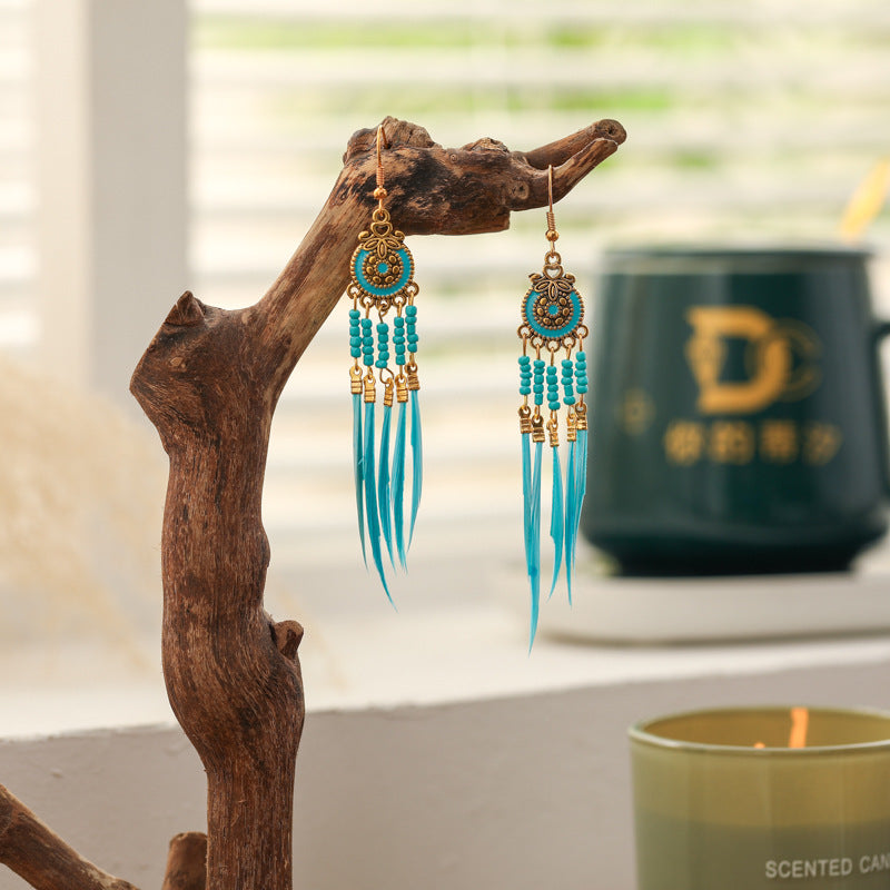 Women's Oil Dripping Round Small Colorful Feather Slimming Long Tassel Yunnan Stud Earrings