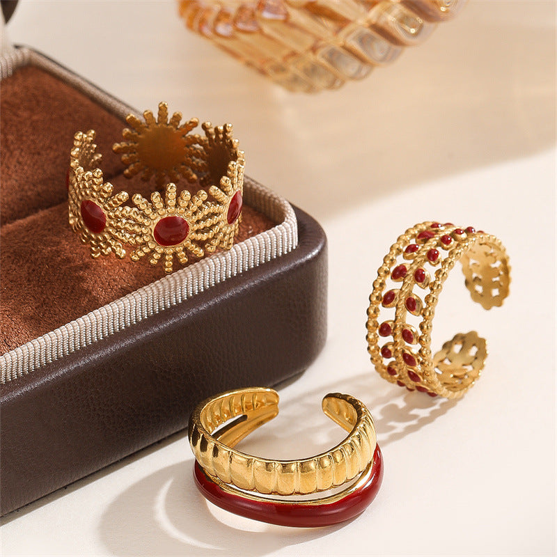 Double-line Drop Color Oil Female Design Flower Leaves Ring
