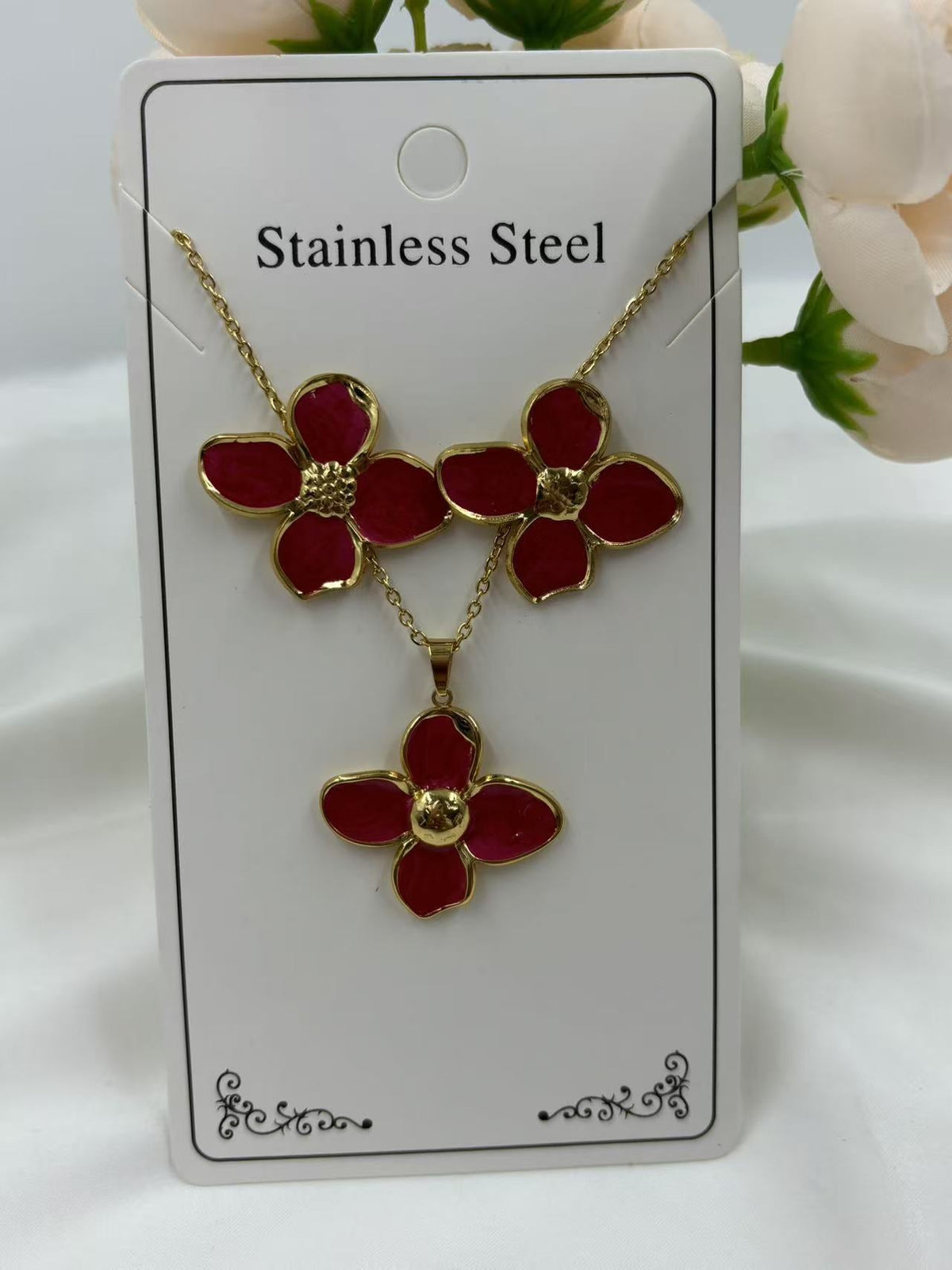 Women's Oil Dripping Petals Stainless Steel Gold Plating Elegant Jewelry Set