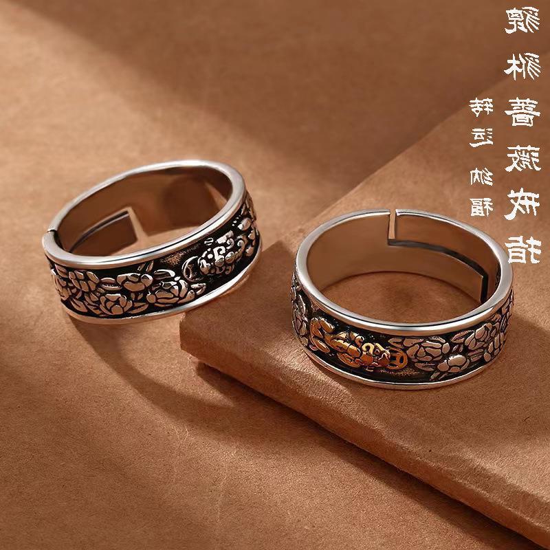 Men's Vintage Thai Sier Money Drawing Pi Lucky Rose Rings