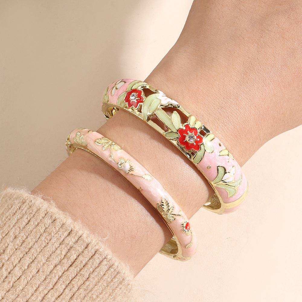 Tourist Souvenir Retro Style Flower Green Leaf Diamond Cloisonne Widened Bracelet