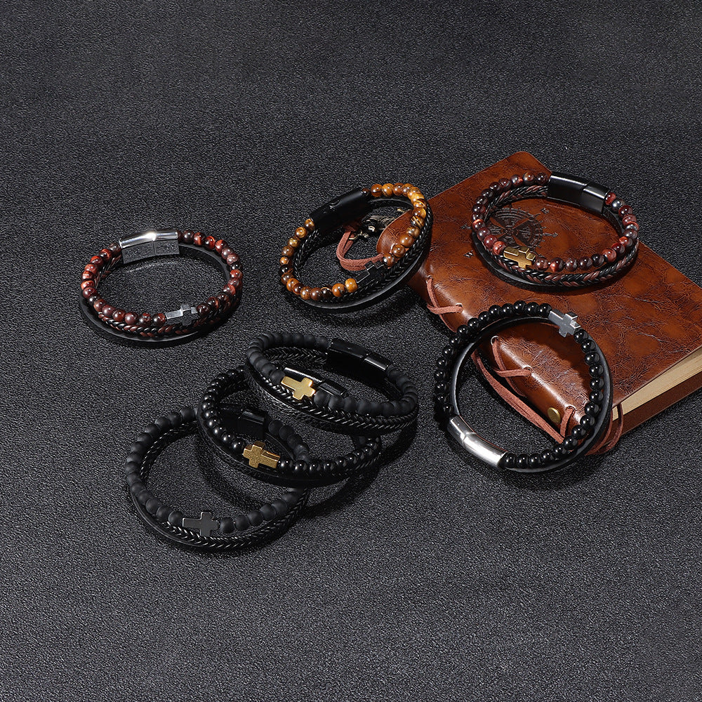 Men's Natural Tigereye Beaded Cross Woven Leather Bracelets